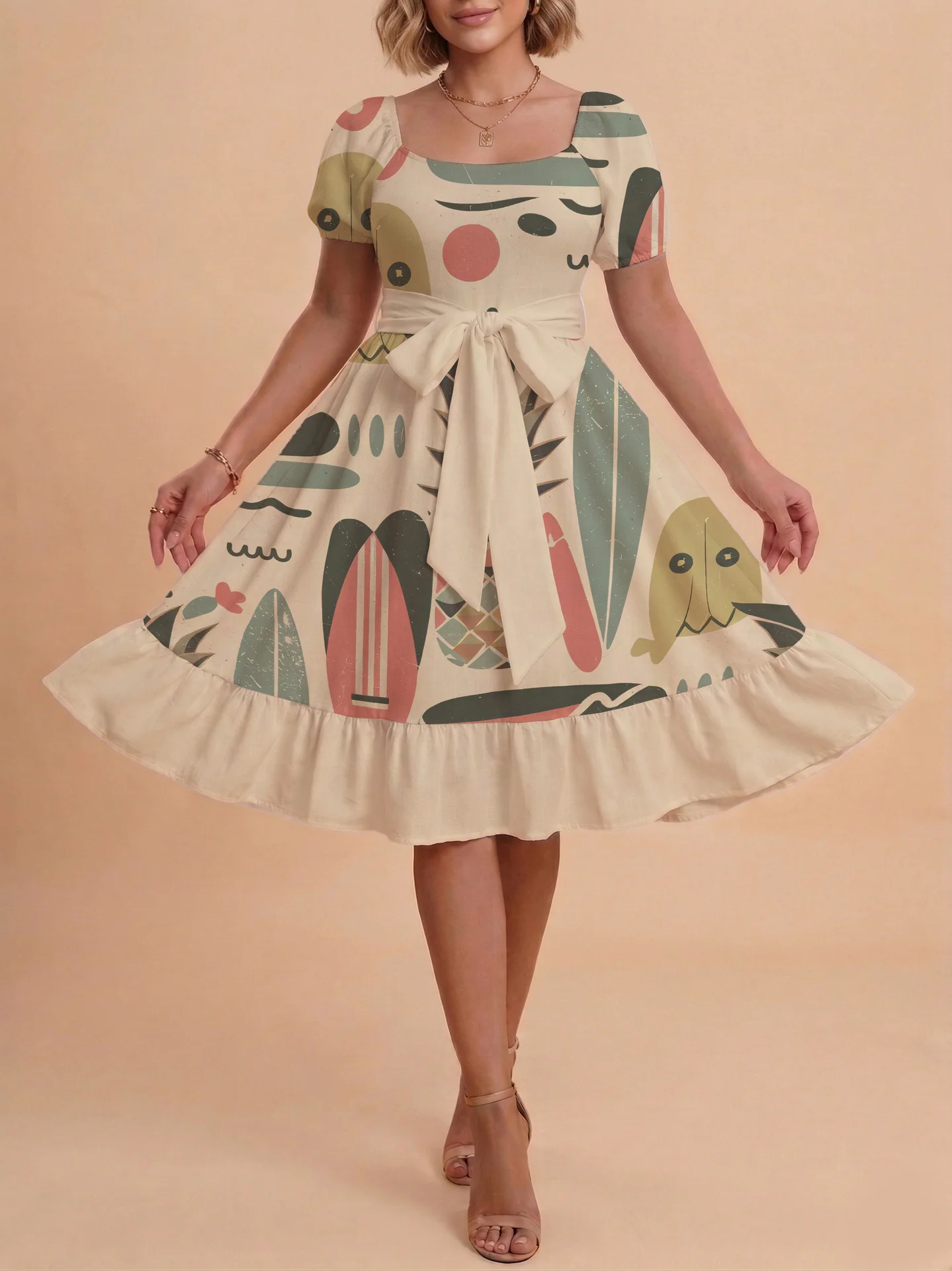 Damen A-Linien-Kleid mit floralen Motiven und taillierbarem Gürtel R&B - Image 22