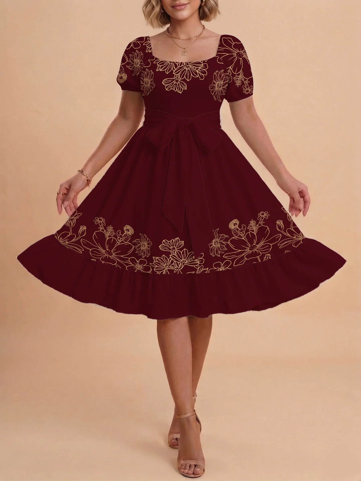 Damen A-Linien-Kleid mit floralen Motiven und taillierbarem Gürtel R&B - Image 24
