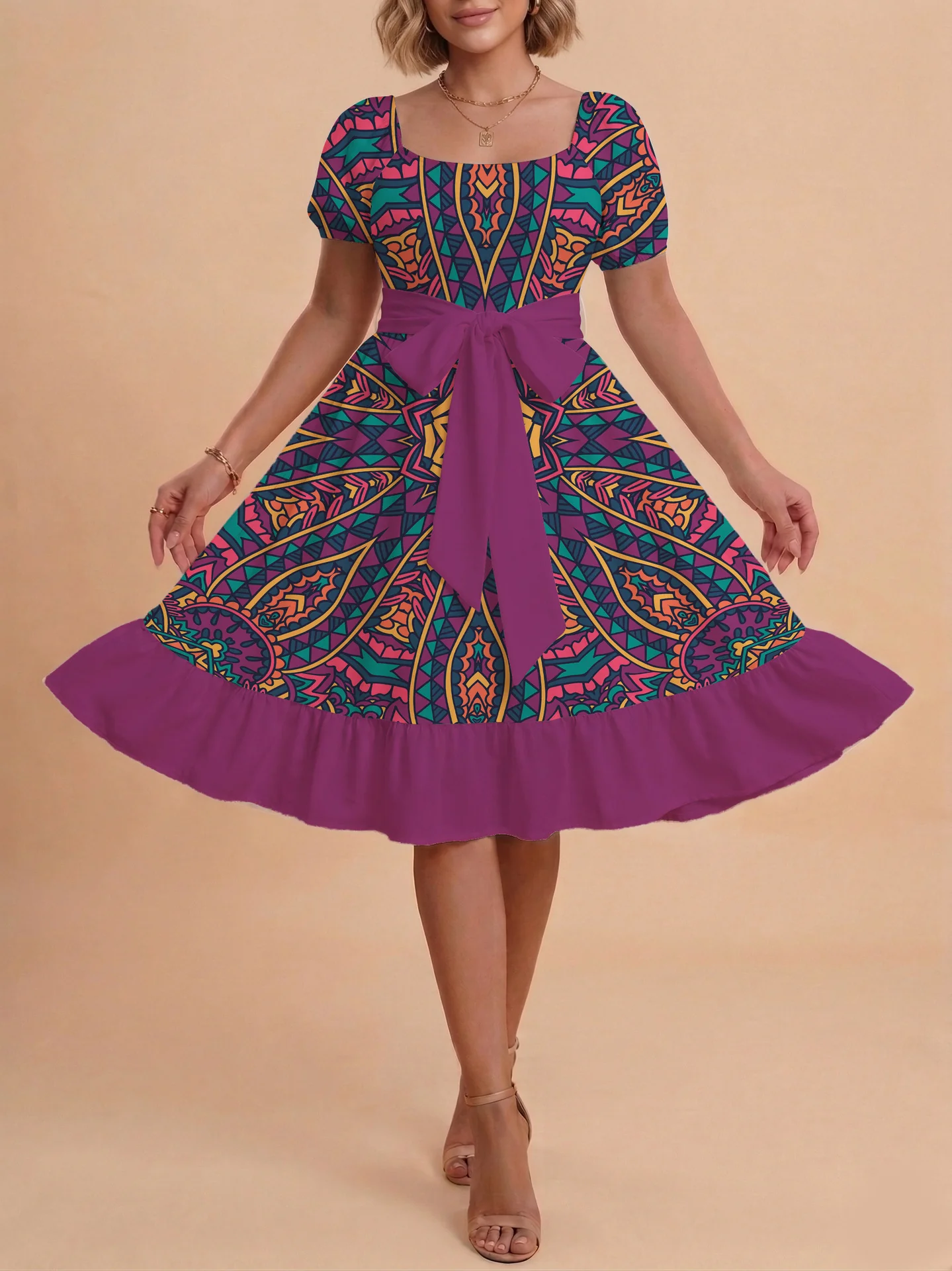 Damen A-Linien-Kleid mit floralen Motiven und taillierbarem Gürtel R&B - Image 36