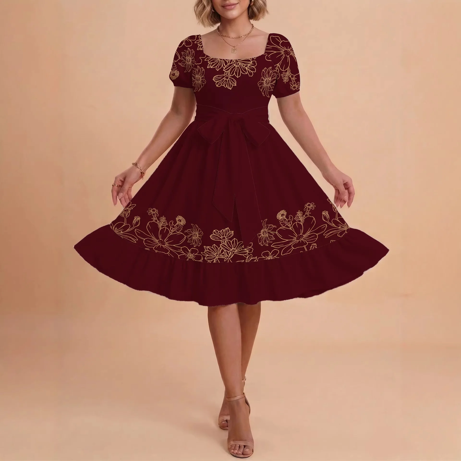 Damen A-Linien-Kleid mit floralen Motiven und taillierbarem Gürtel R&B - Image 4