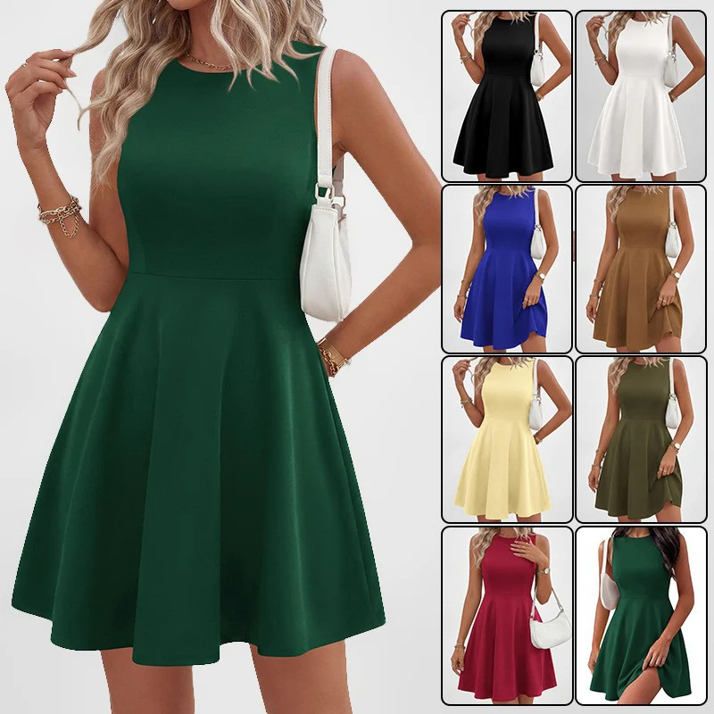 Damen A-linien Kleid mit Rundhalsausschnitt und schwingendem Rock R&B