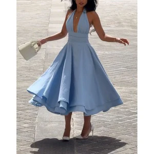 Damen A-Linien Kleid mit tiefem V-Ausschnitt und schwingendem Rock R&B