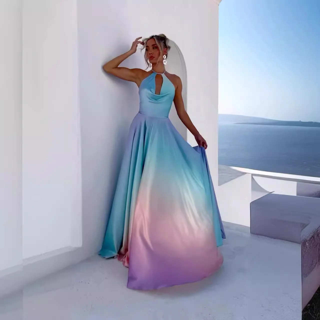 Damen A-Linien Maxikleid mit tiefem Schlüssel-Ausschnitt und schimmerndem Stoff R&B - Image 4
