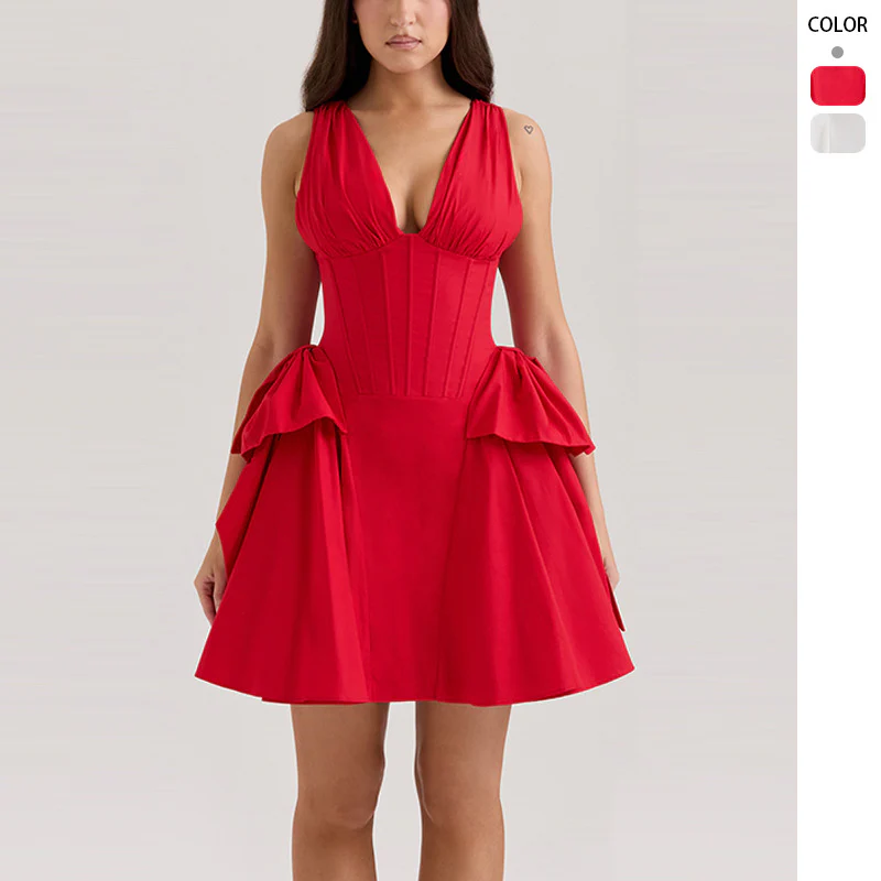 Damen Abendkleid mit tiefem V-Ausschnitt und voluminösem Rüschendesign R&B