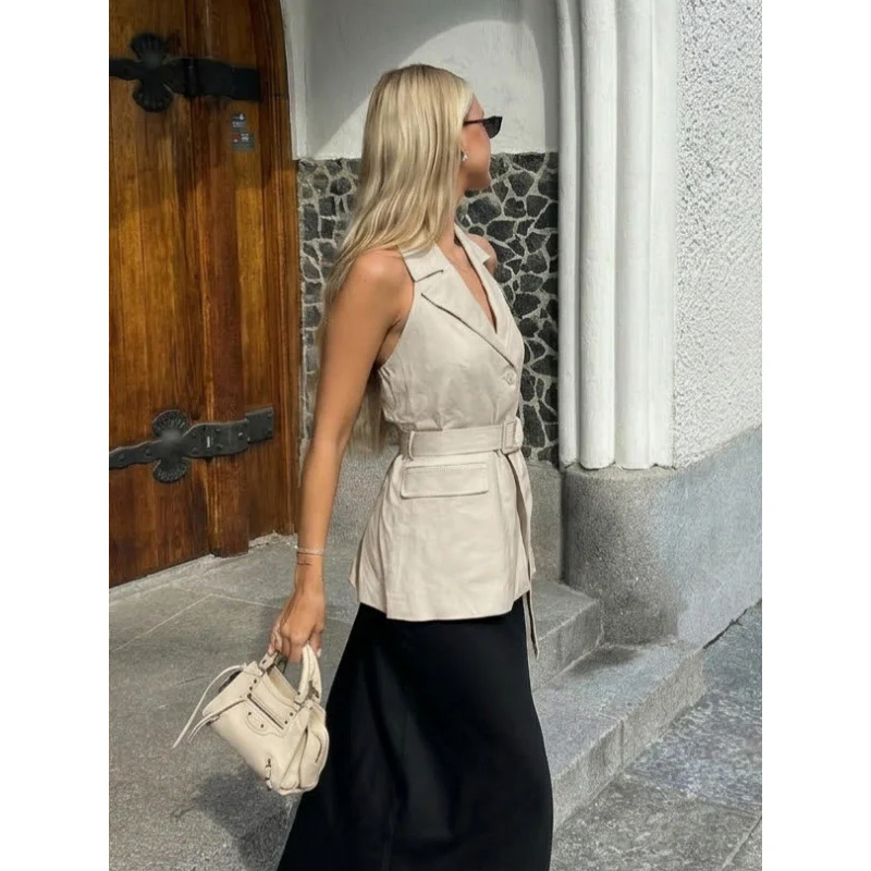 Damen ärmellose Blazer mit Bindegürtel und hoher Taillierung R&B - Image 3