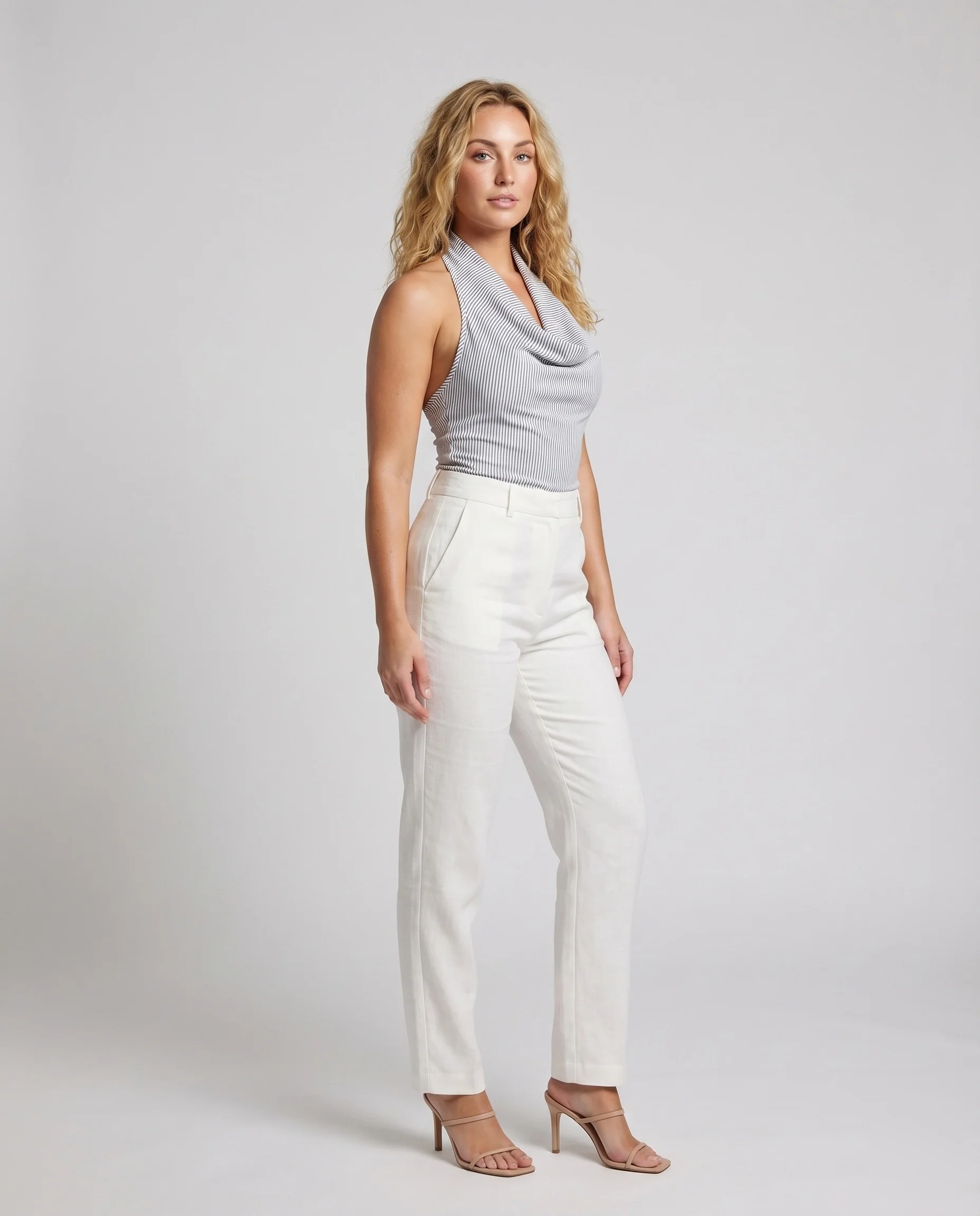 Damen ärmellose Bluse mit zeitlosem Wasserfall-Ausschnitt und fein gestreiftem Design