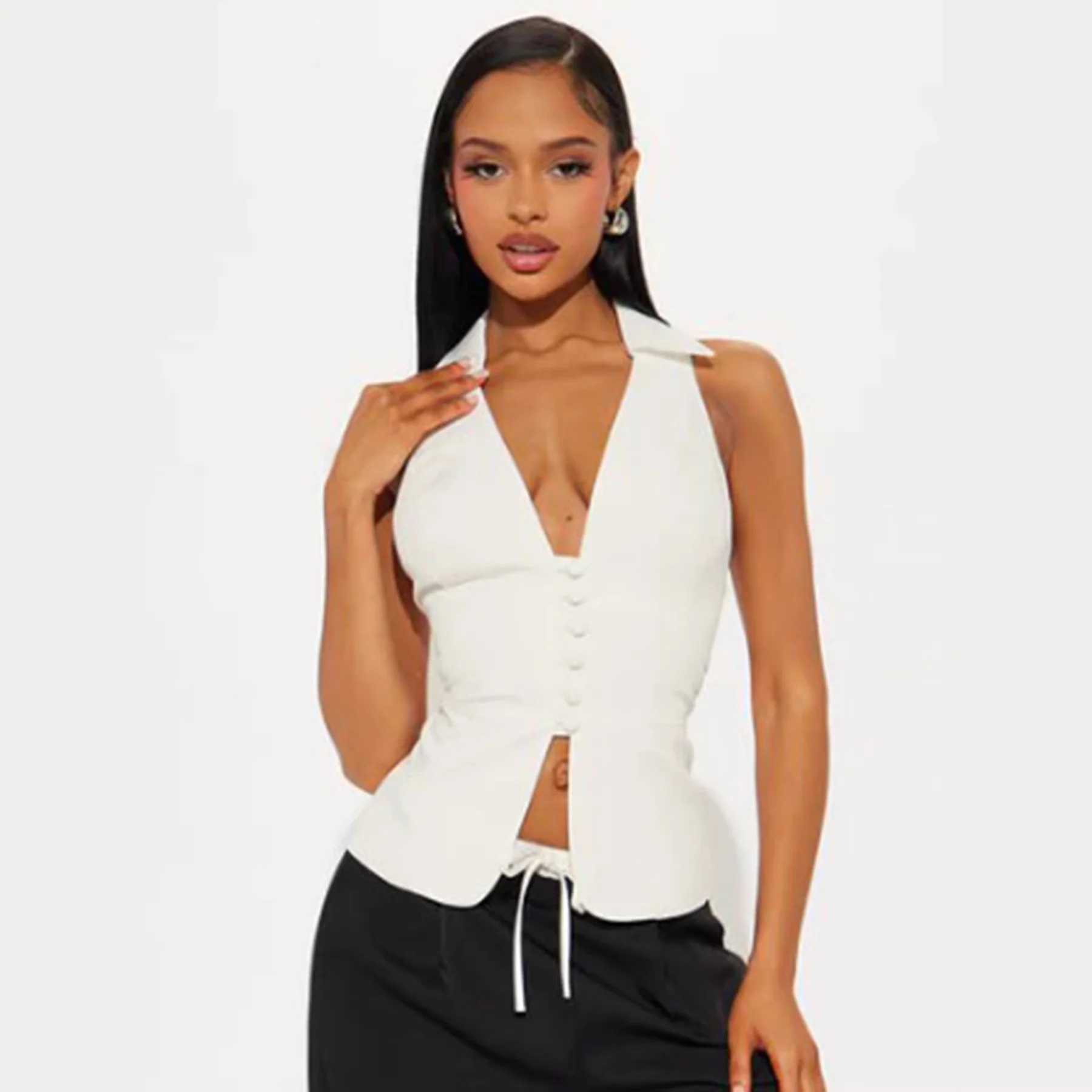 Damen ärmelloses Blazer-Oberteil mit elegantem Schnitt und geschmackvollen Knopfdetails R&B - Image 3