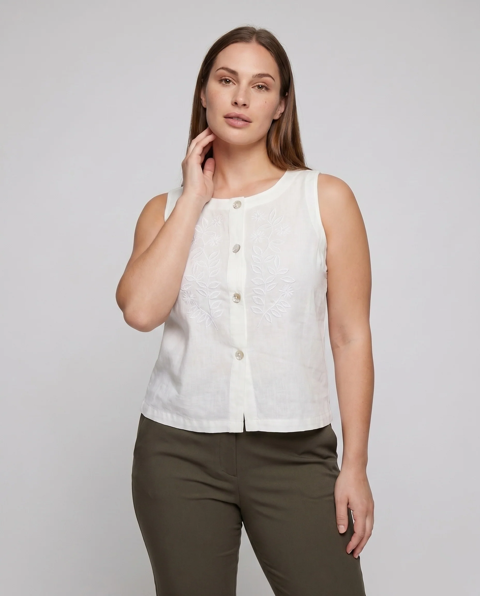 Damen ärmelloses Leinenoberteil mit floralem Stickdesign - Image 2