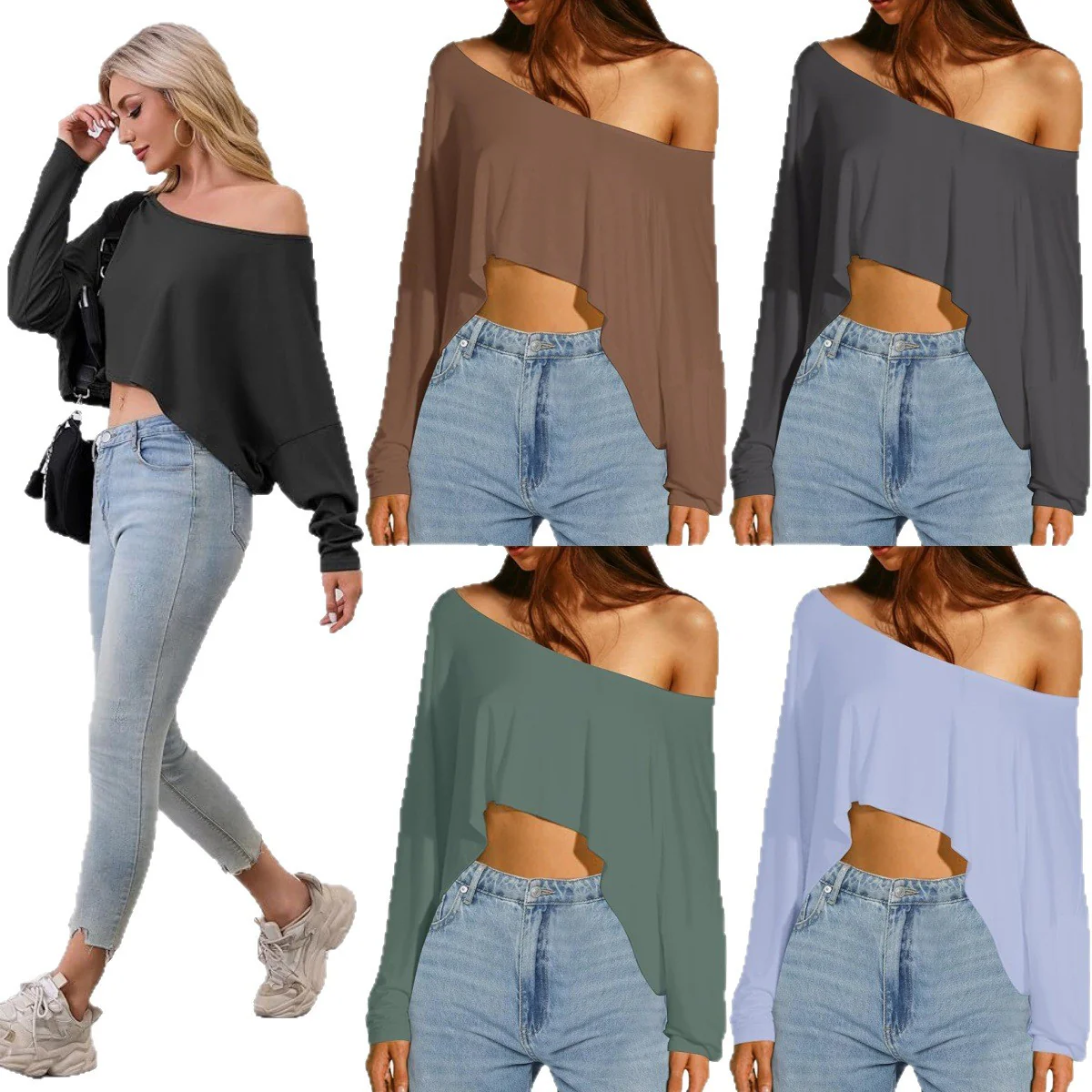 Damen asymmetrisches Crop-Oberteil mit lässigem Schnitt und weichem Stoff R&B - Image 5