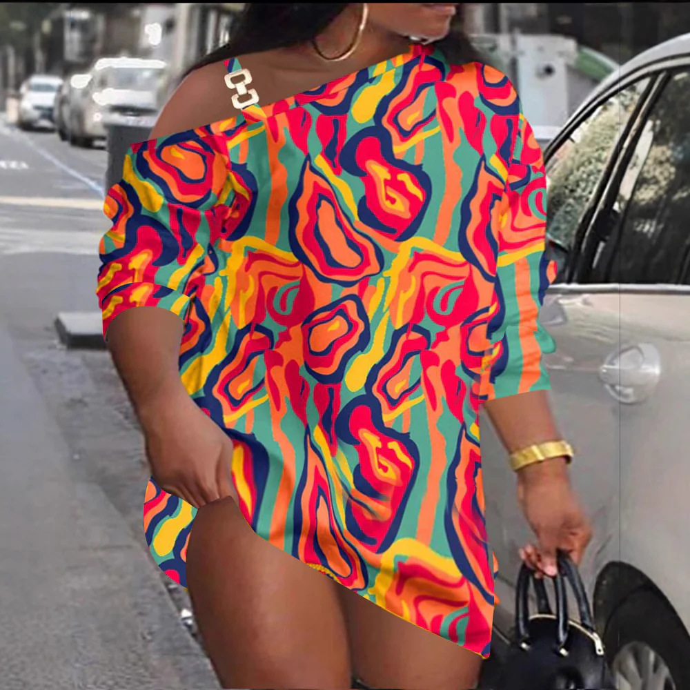 Damen asymmetrisches Kleid mit modischem Grafikdesign und einem Schulter-Detail R&B - Image 4