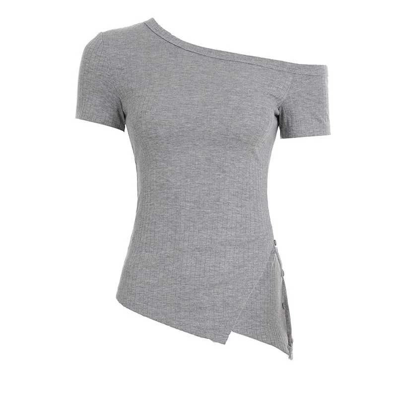 Damen asymmetrisches Kurzarm-Oberteil mit Knopfdetails und einzigartigem Schnitt R&B - Image 6
