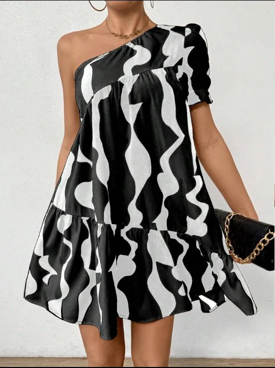 Damen Asymmetrisches Minikleid mit Volant und grafischem Muster R&B - Image 6