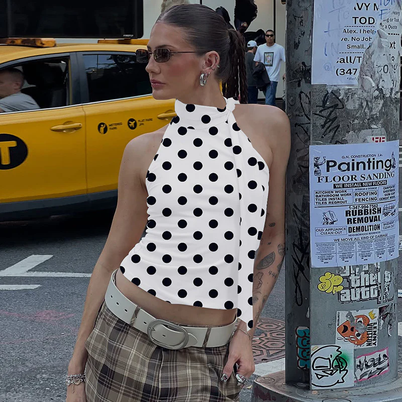 Damen asymmetrisches Polka-Dot-Top mit hohen Schnittlinien und elegantem Halterdesign R&B - Image 3