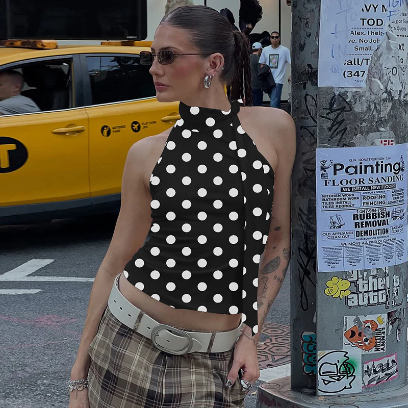 Damen asymmetrisches Polka-Dot-Top mit hohen Schnittlinien und elegantem Halterdesign R&B - Image 8