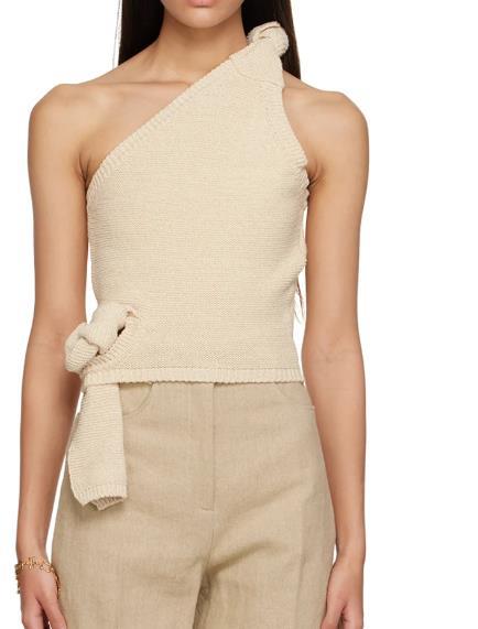 Damen asymmetrisches Strickoberteil mit dekorativem Knoten R&B