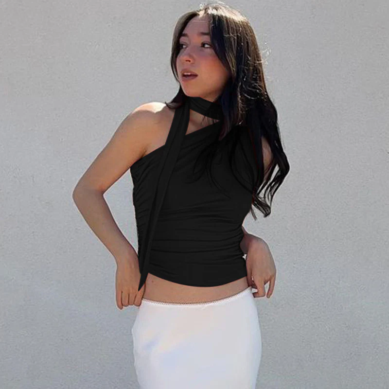 Damen asymmetrisches Top mit bindbaren Schlaufen und Raffung R&B - Image 4