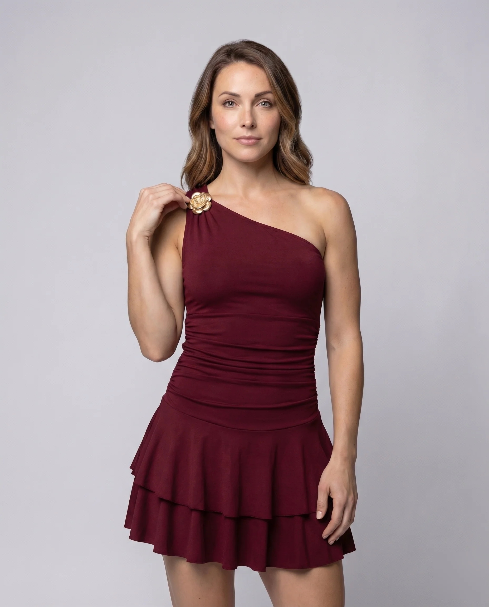 Damen asymmetrisches Wickelkleid mit voluminösem Rock und raffiniertem Schulterdetail - Image 2