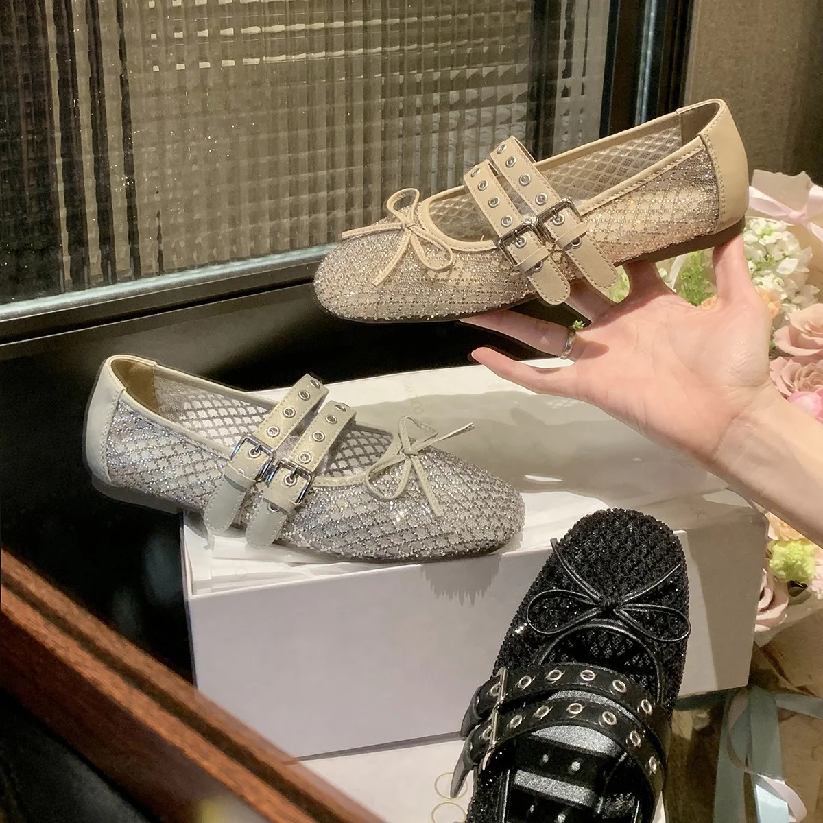 Damen Ballerinas mit doppeltem Riemen und funkelnder Optik R&B - Image 2