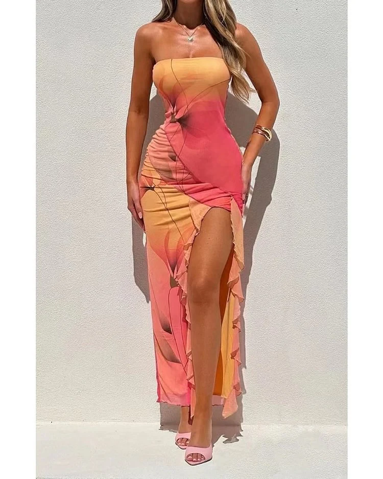 Damen Bandeau Maxikleid mit eleganten Rüschen und hohem Schlitz R&B - Image 6