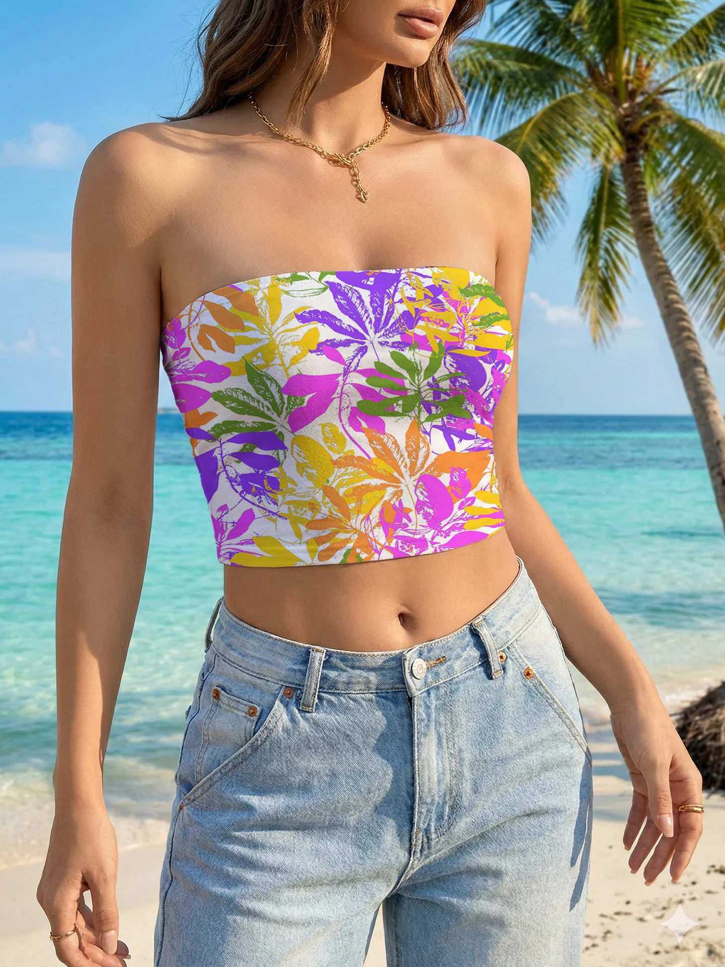 Damen Bandeau-Top mit floralem Druck und elastischem Abschluss R&B - Image 5