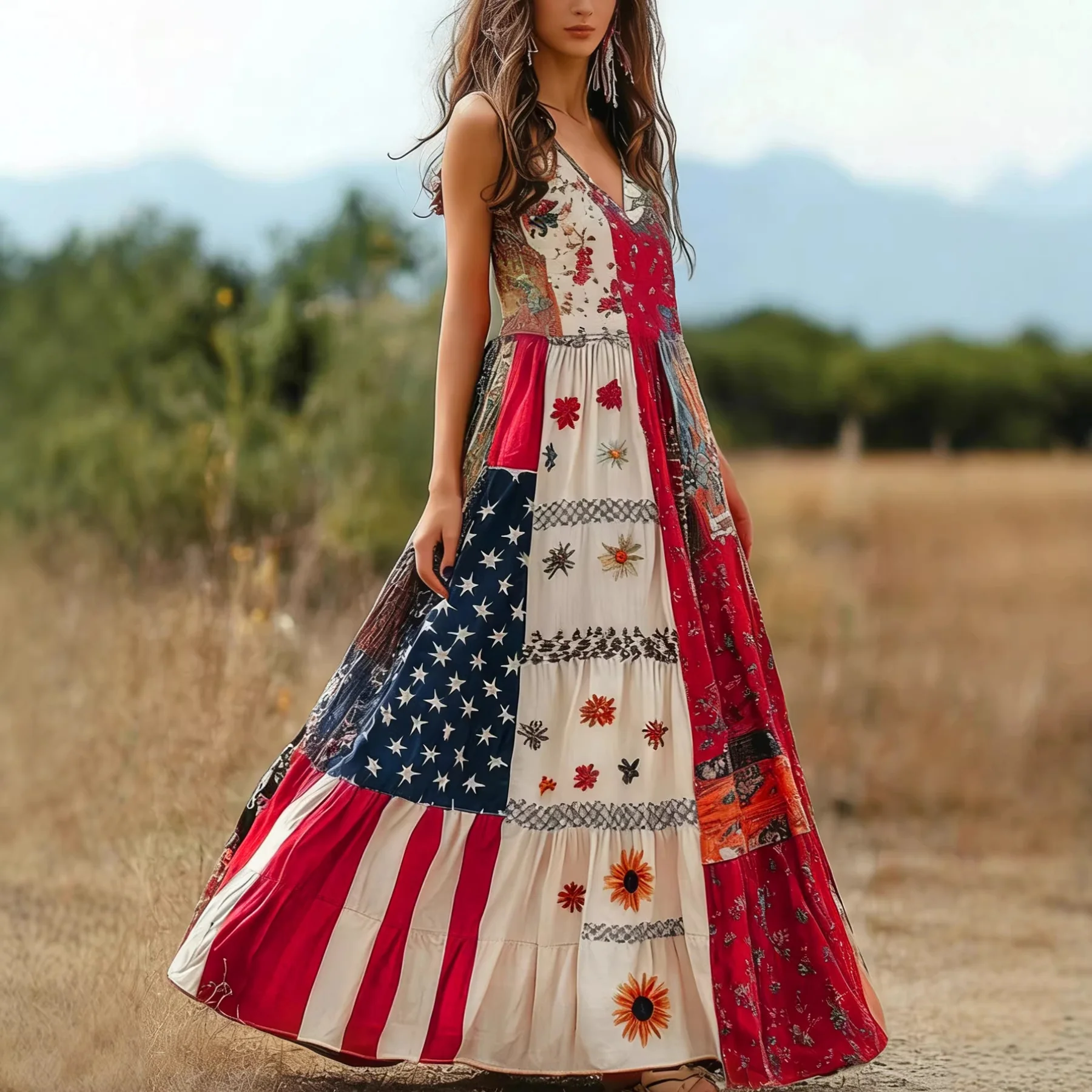 Damen Baumwoll Maxikleid mit Muster Mix und V-Ausschnitt R&B - Image 2
