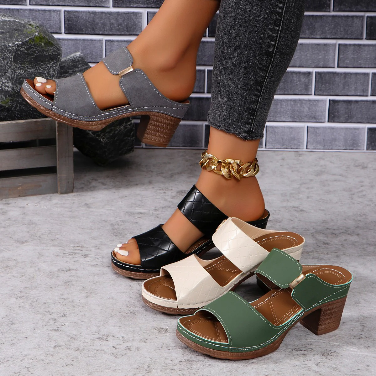 Damen bequeme Absatzsandalen mit atmungsaktiven Riemen und stabiler Laufsohle R&B