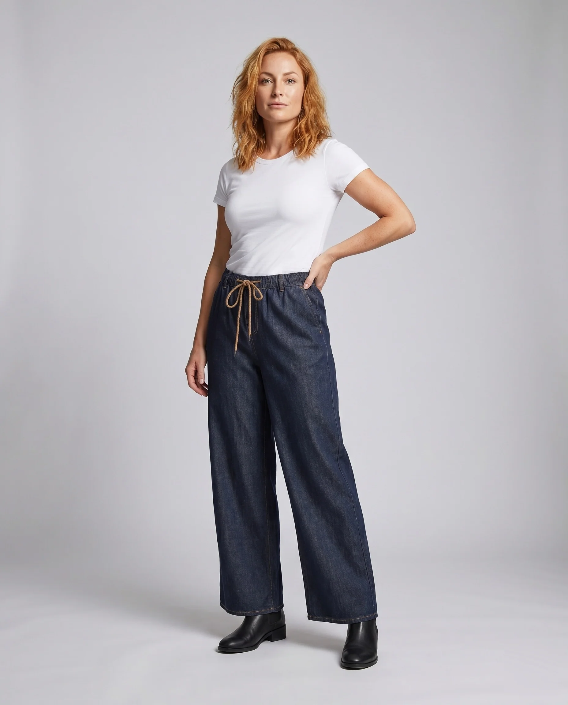 Damen Bequeme Denim-Hosen mit elastischem Bund und einem dekorativen Kordelzug R&B