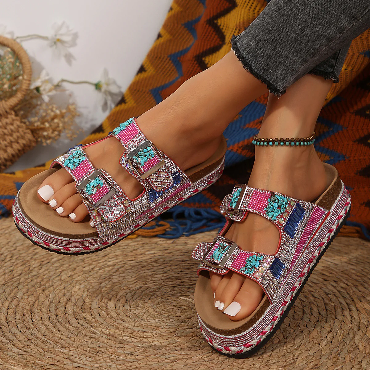 Damen bequeme Sandalen mit dekorativen Steinen und breiten Riemen R&B - Image 10