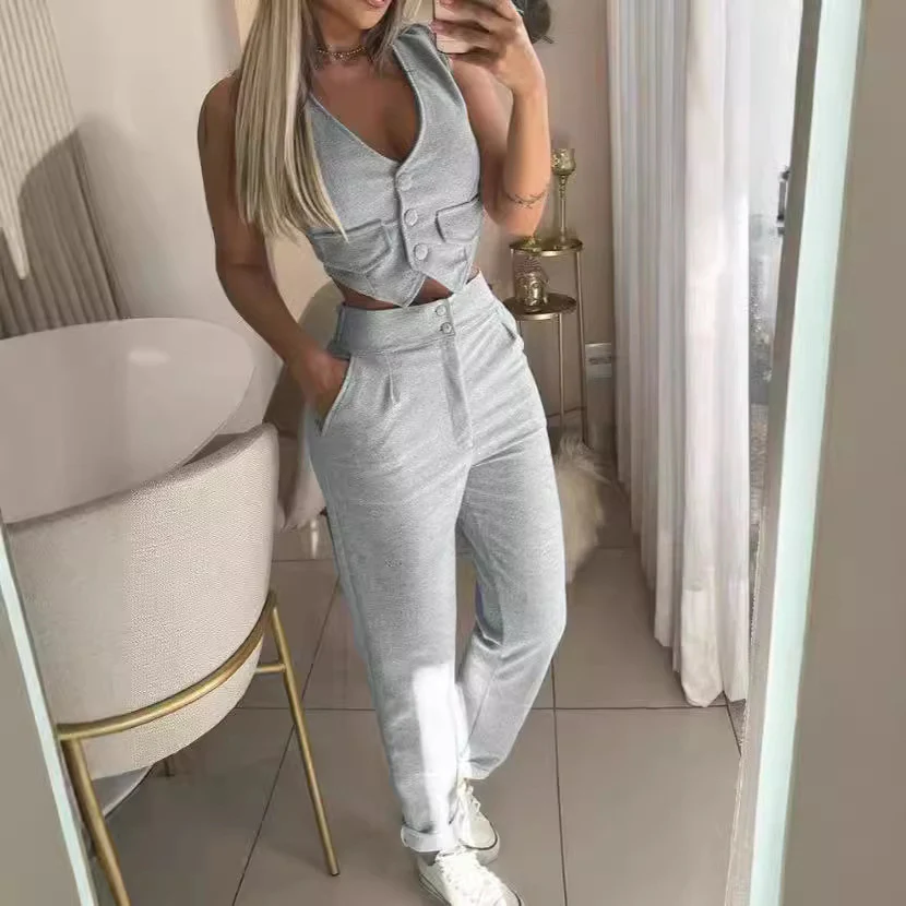 Damen Bequemes Lounge-Set mit Knopfdetails und weitem Bein R&B