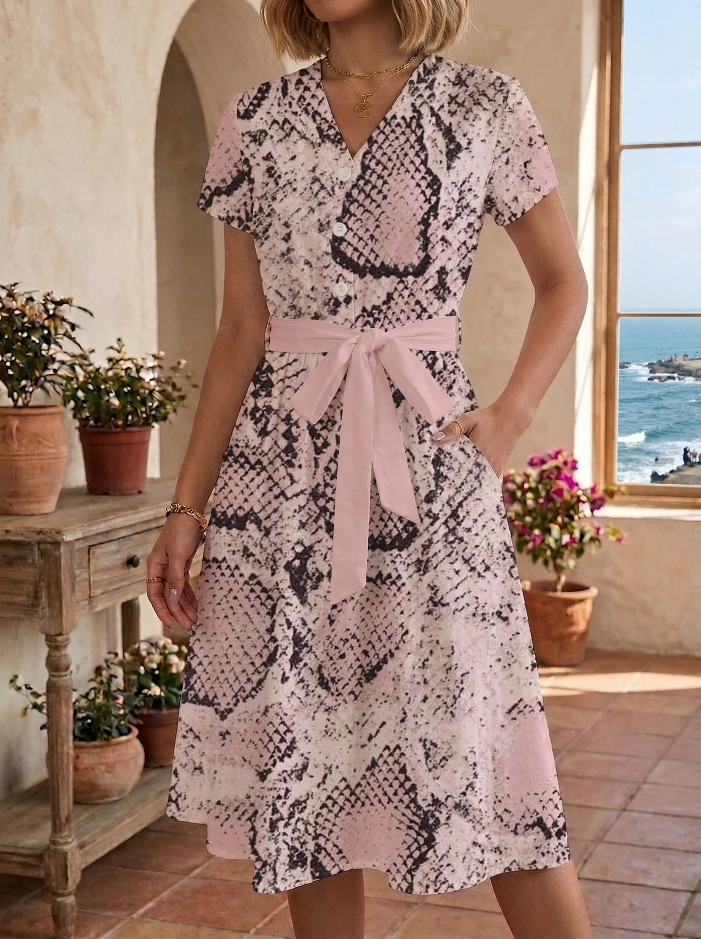 Damen Blühendes Midikleid mit taillierbarem Gürtel und kunstvollem Print R&B - Image 31