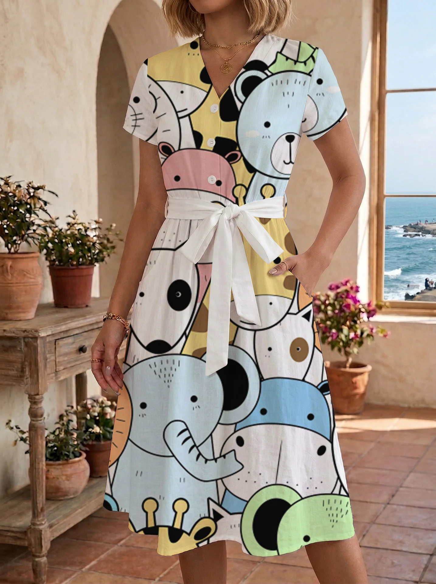 Damen Blühendes Midikleid mit taillierbarem Gürtel und kunstvollem Print R&B - Image 42