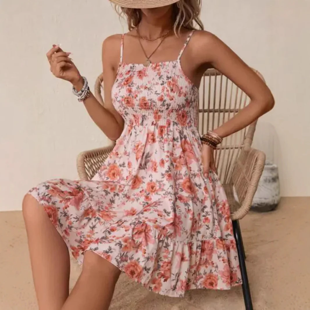 Damen Blumenkleid mit Spaghetti-Trägern und Rüschensaum R&B - Image 4