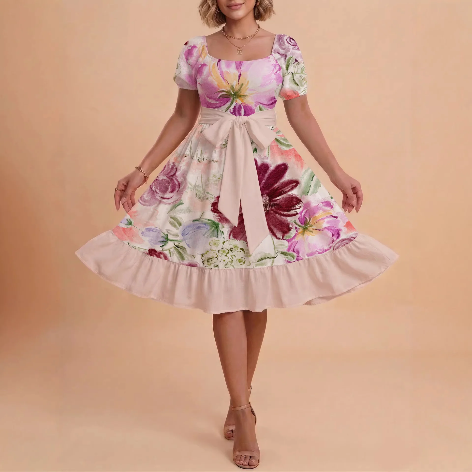 Damen Blumenkleid mit taillierbarem Gürtel und voluminösen Ärmeln R&B - Image 2