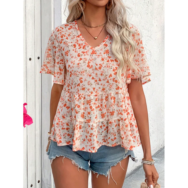 Damen Bluse mit Rüschenschnitt und floralem Muster R&B