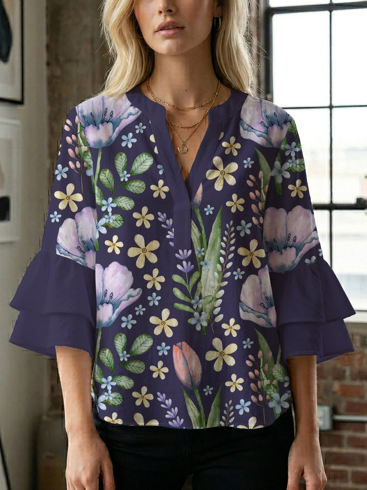 Damen Bluse mit voluminösen Ärmeln und floralem Design R&B - Image 6