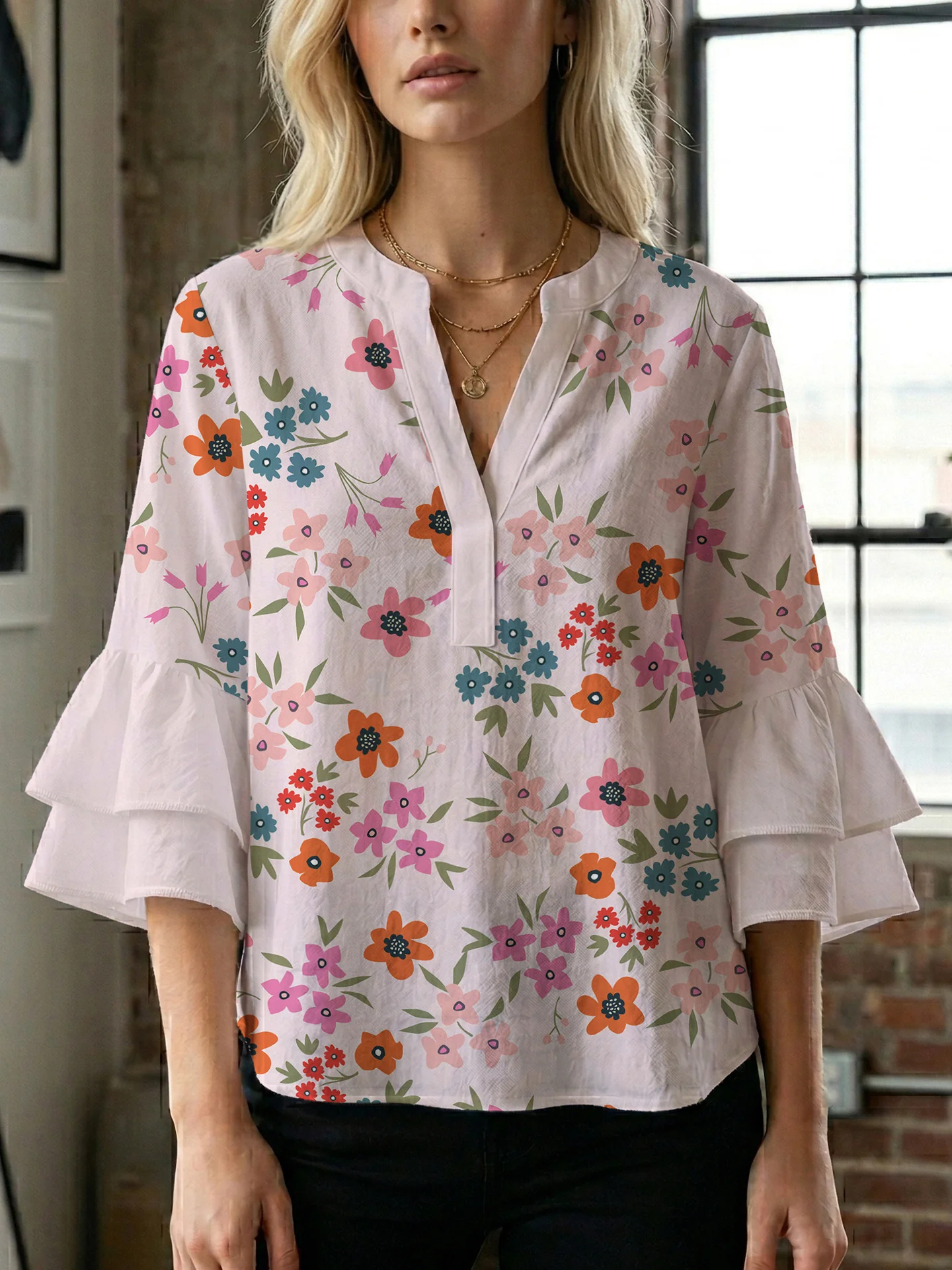 Damen Bluse mit voluminösen Flügelärmel und intensivem Blattmuster R&B - Image 28