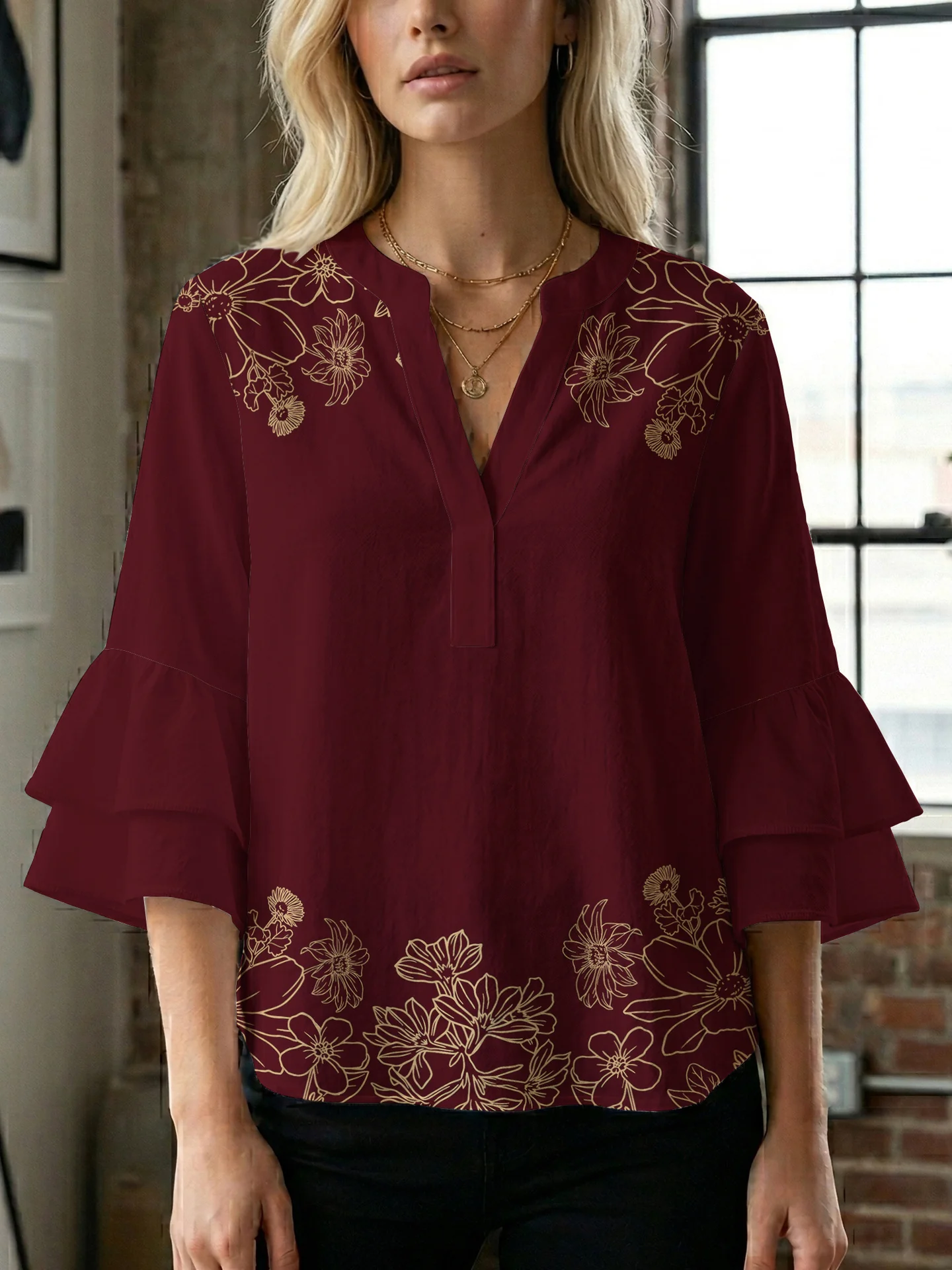 Damen Bluse mit voluminösen Rüschenärmeln und floralem Druck R&B - Image 15