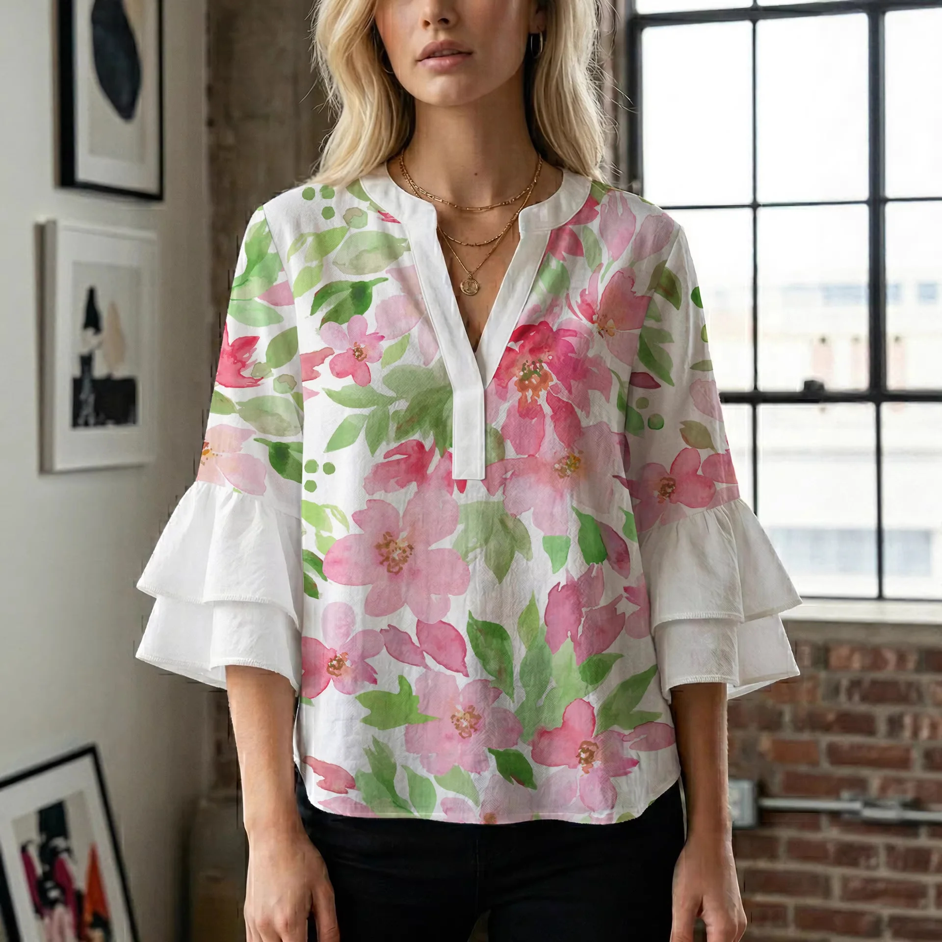 Damen Bluse mit voluminösen Rüschenärmeln und floralem Druck R&B - Image 2