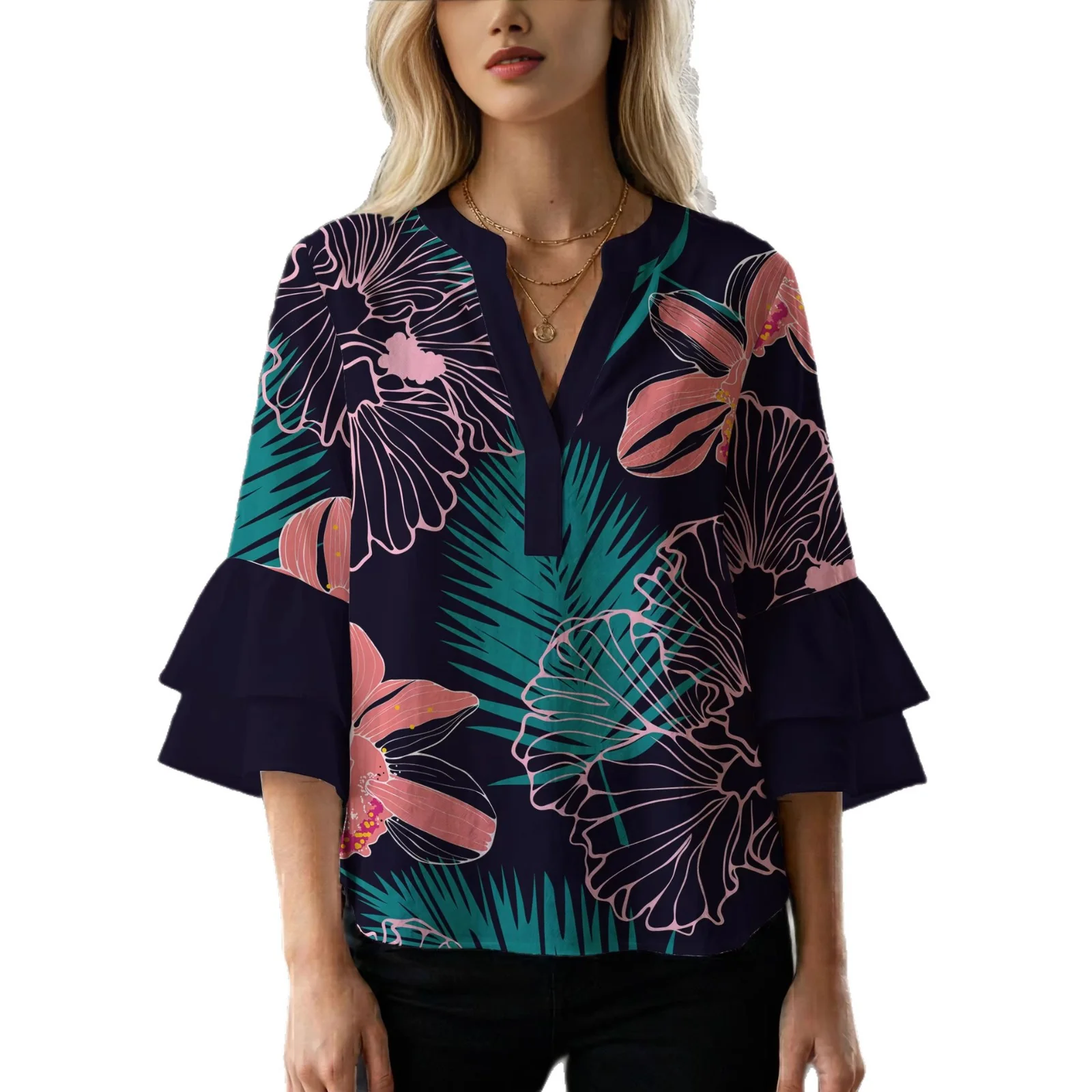 Damen Bluse mit voluminösen Rüschenärmeln und floralem Druck R&B - Image 5