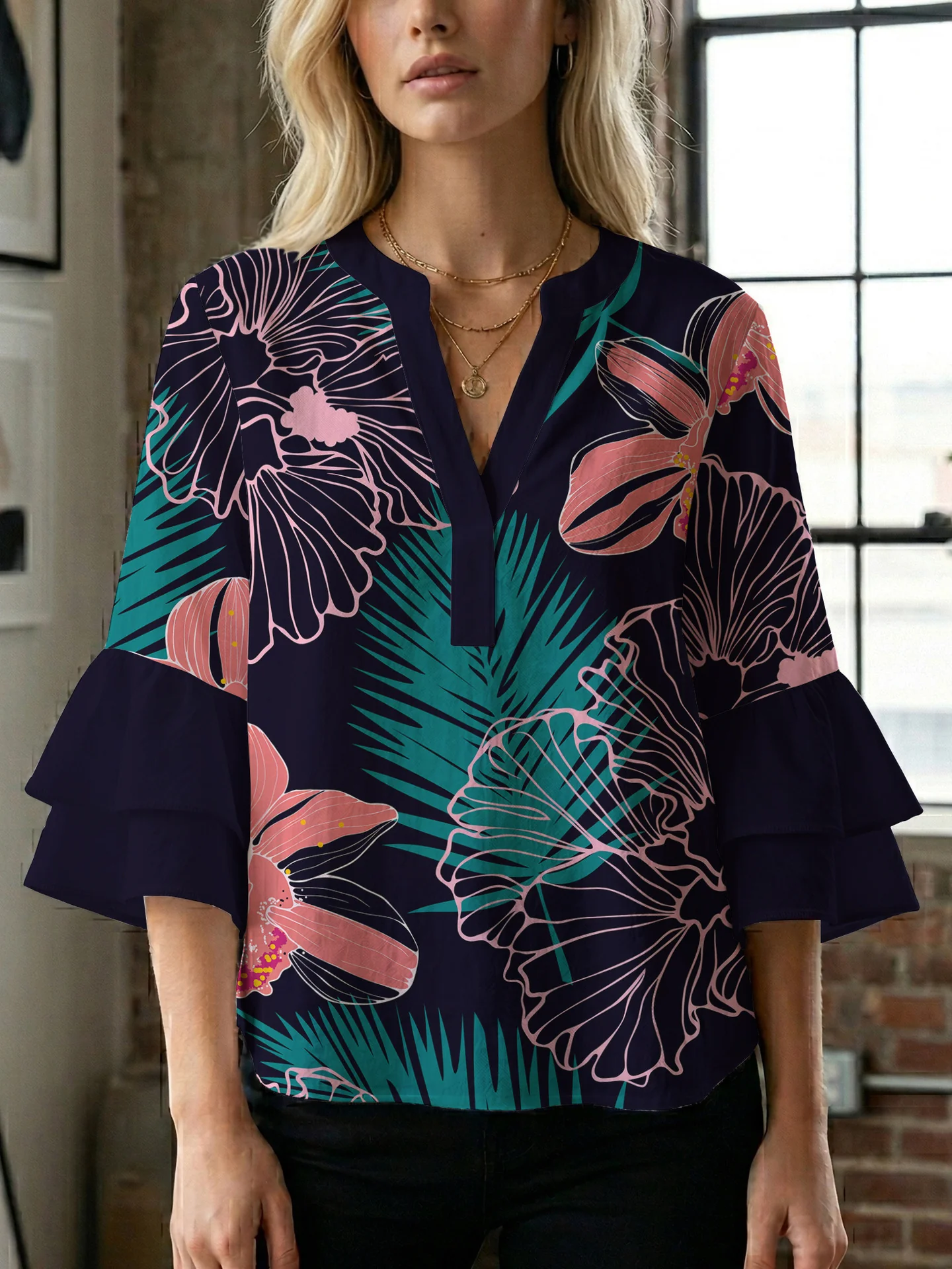 Damen Bluse mit voluminösen Rüschenärmeln und floralem Druck R&B - Image 9