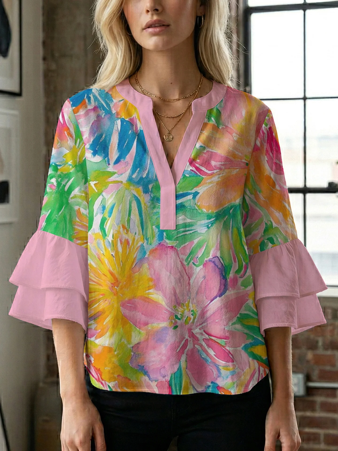 Damen Bluse mit voluminösen Rüschenärmeln und floralem Muster R&B - Image 6