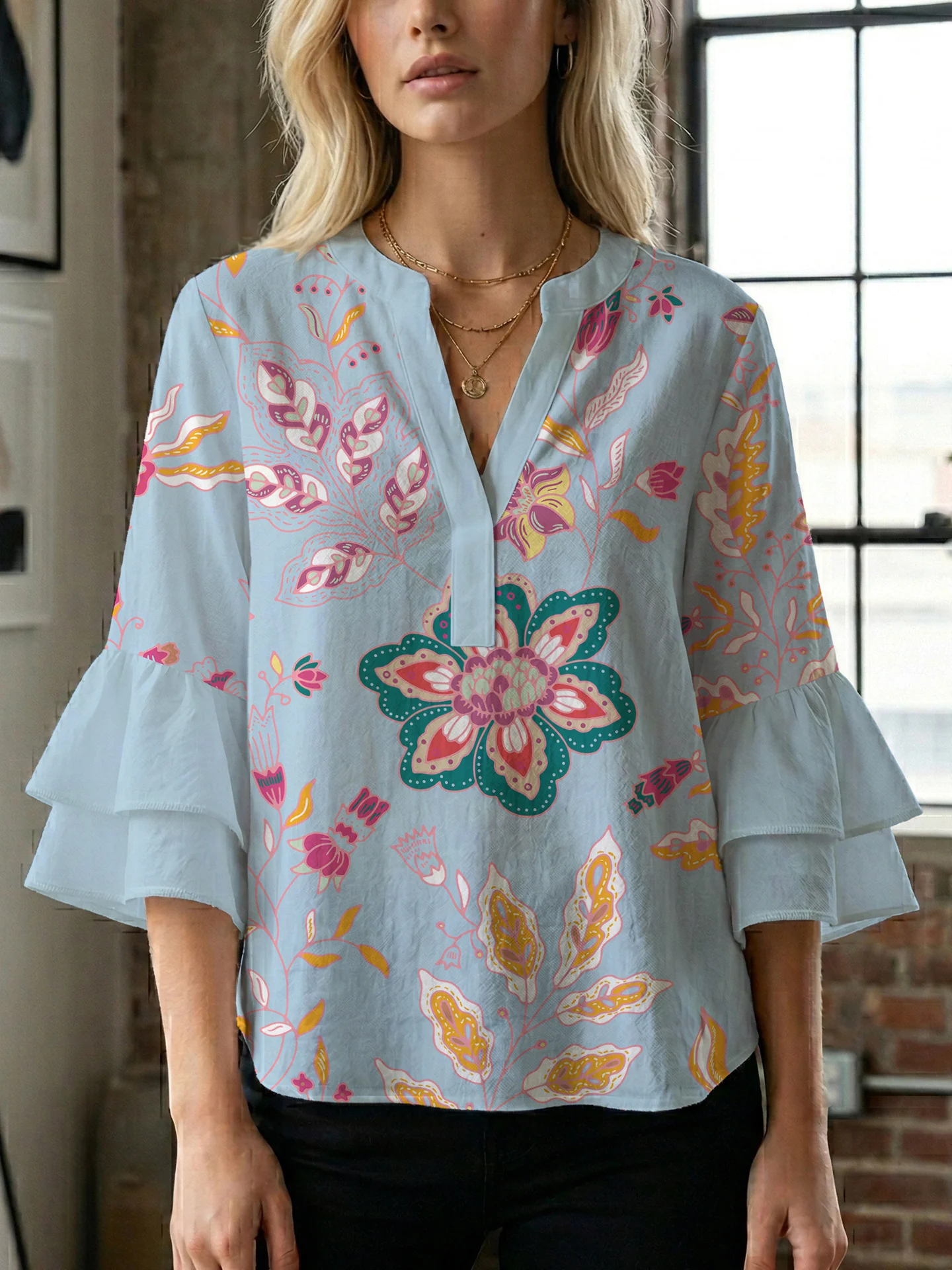 Damen Bluse mit voluminösen Rüschenärmeln und kreativem Floraldesign R&B - Image 23