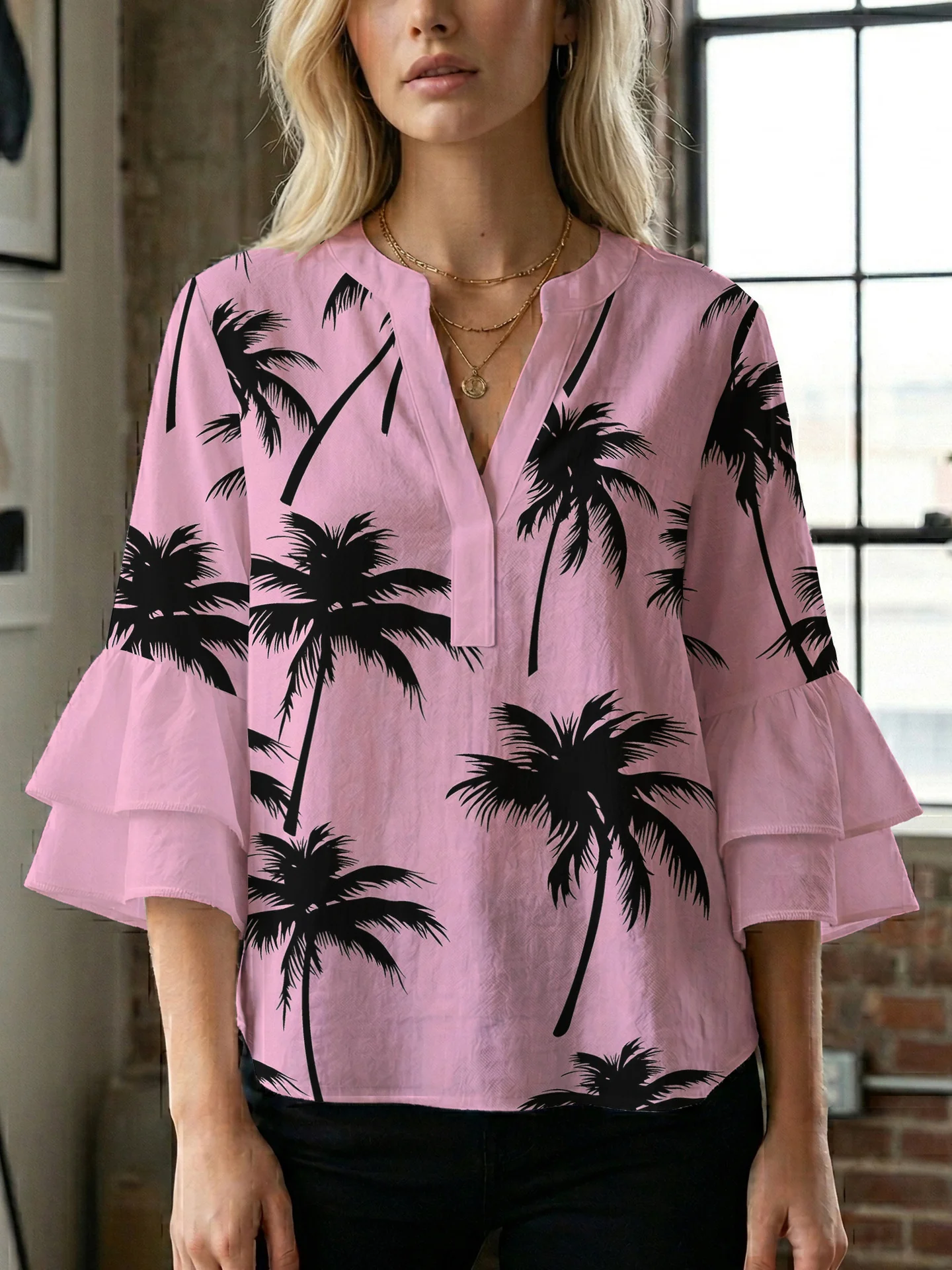 Damen Bluse mit voluminösen Rüschenärmeln und modernem Motiv R&B - Image 19
