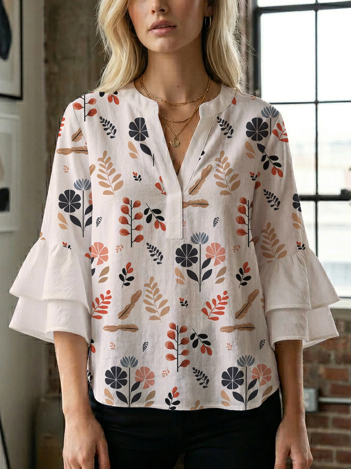 Damen Bluse mit voluminösen Rüschenärmeln und modernem Motiv R&B - Image 9