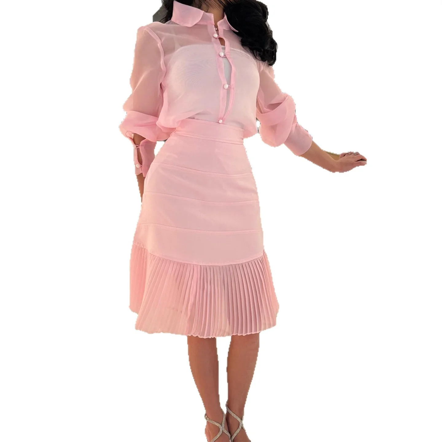 Damen Blusenkleid mit transparenten Ärmeln und Plissee-Rock R&B - Image 5
