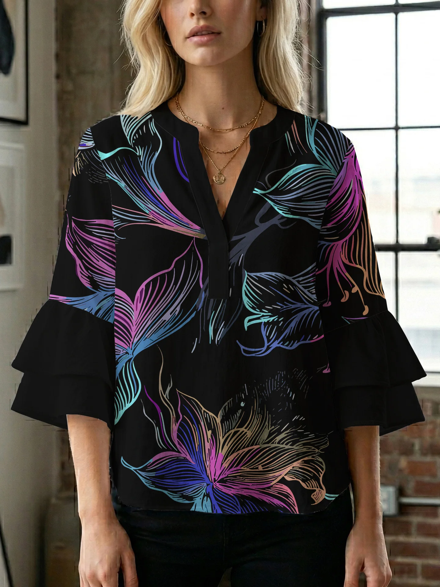 Damen Blusenshirt mit voluminösen Ärmeln und floralem Muster R&B - Image 7