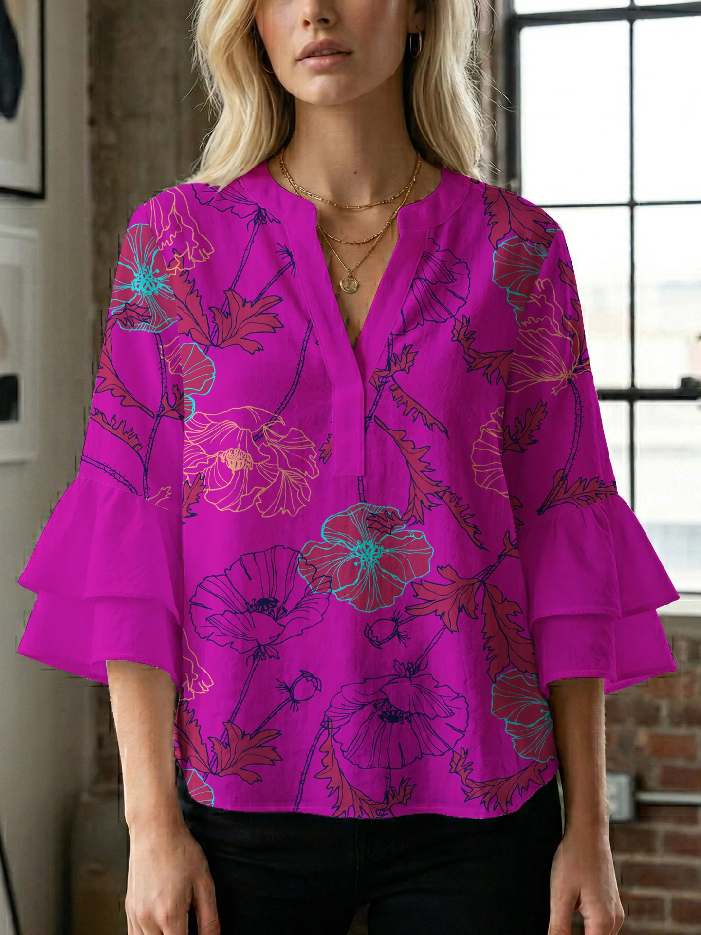 Damen Blusenshirt mit voluminösen Ärmeln und floralem Muster R&B - Image 9