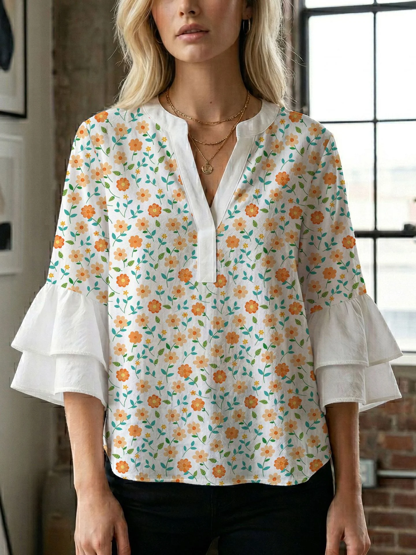 Damen Blusenshirt mit voluminösen Ärmeln und kreativem Druckdesign R&B - Image 27