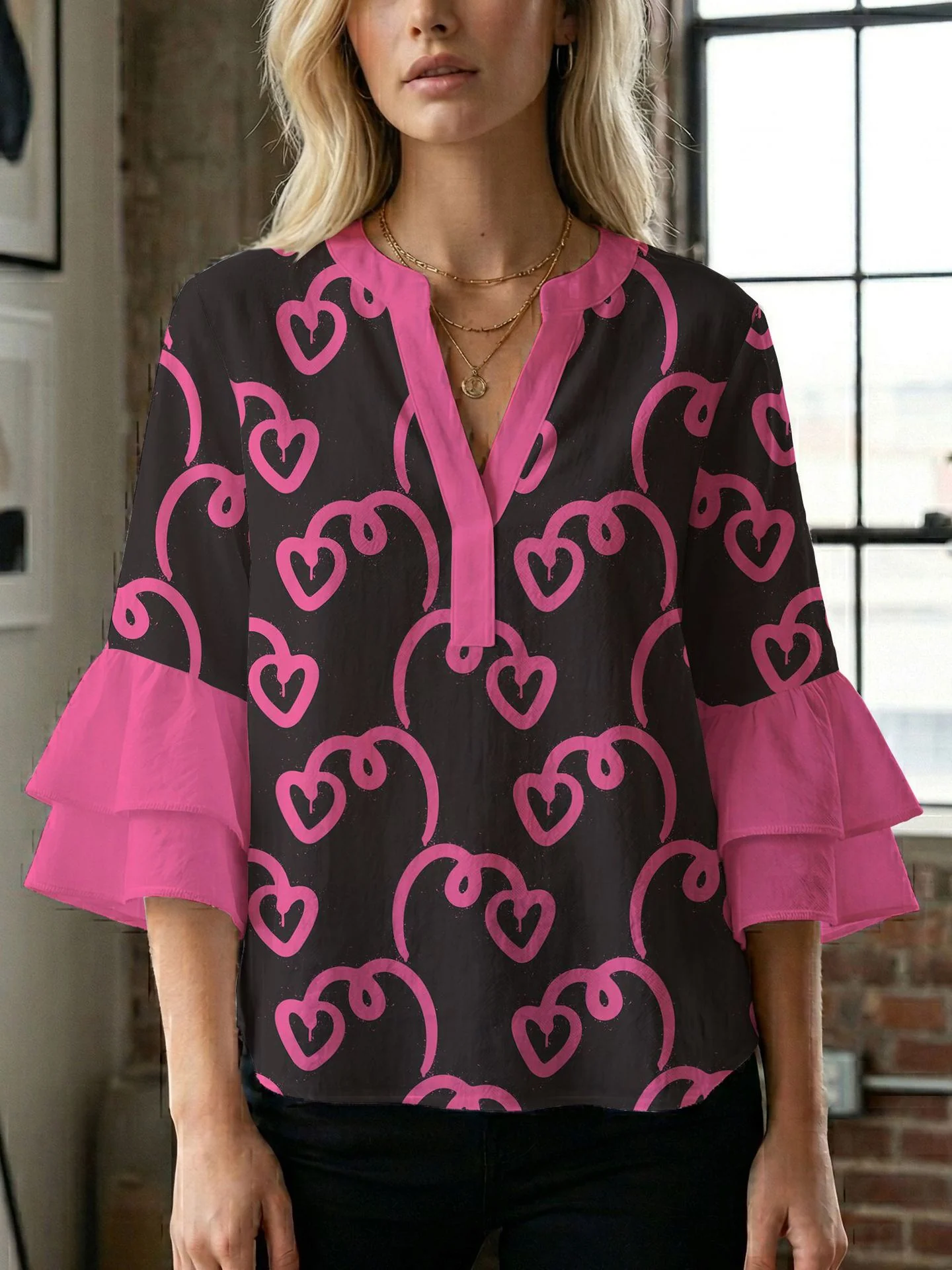 Damen Blusenshirt mit voluminösen Ärmeln und kreativem Druckdesign R&B - Image 28