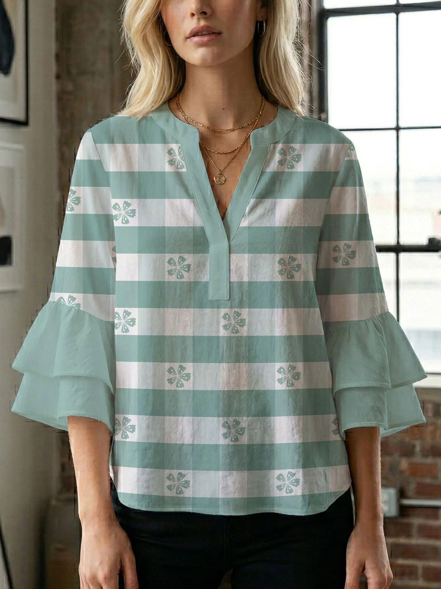 Damen Blusenshirt mit voluminösen Ärmeln und kreativem Druckdesign R&B - Image 31